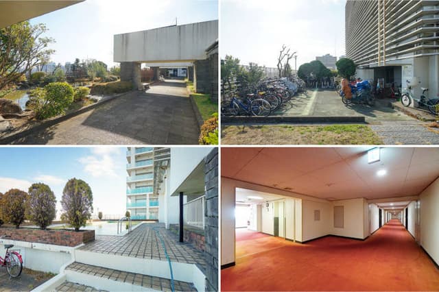 屋上庭園とプール。廊下は内廊下で赤カーペット。