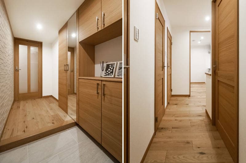 玄関と、玄関を入ってリビングに続く廊下。