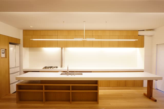 LDKの一室空間としたため、キッチンに住んでいるようにならないように家具のようなキッチンとしました。天板はモールテックスです。