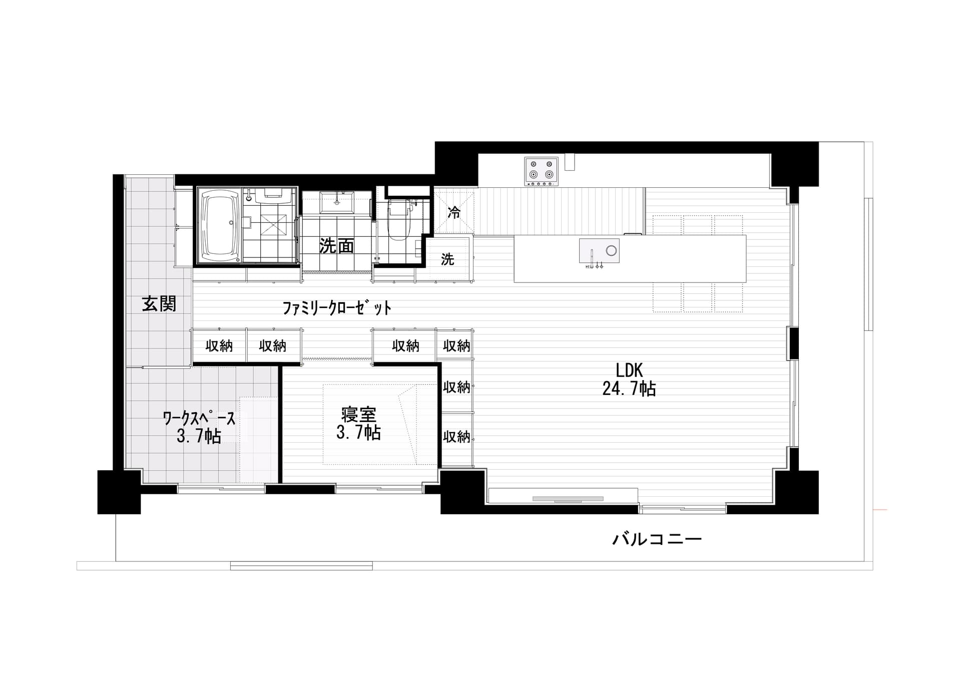 廊下兼ファミリークローゼットとすることで部屋内にあるクローゼット前の何にも使えない空間を無くしました。LDKを最大限確保するために細かい寸法設計を行いました。