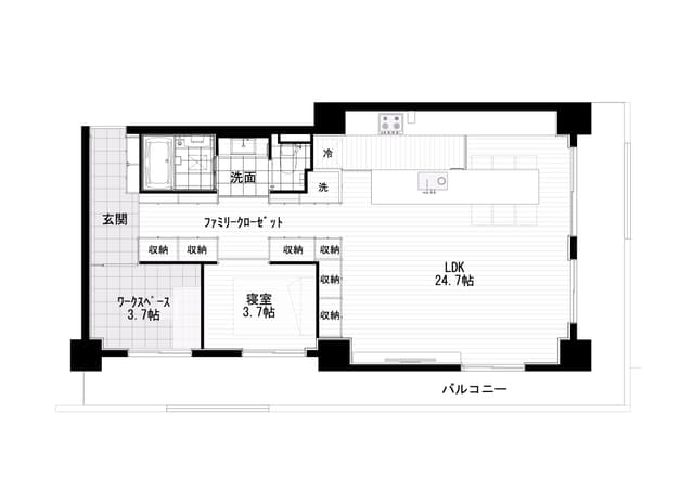 廊下兼ファミリークローゼットとすることで部屋内にあるクローゼット前の何にも使えない空間を無くしました。LDKを最大限確保するために細かい寸法設計を行いました。
