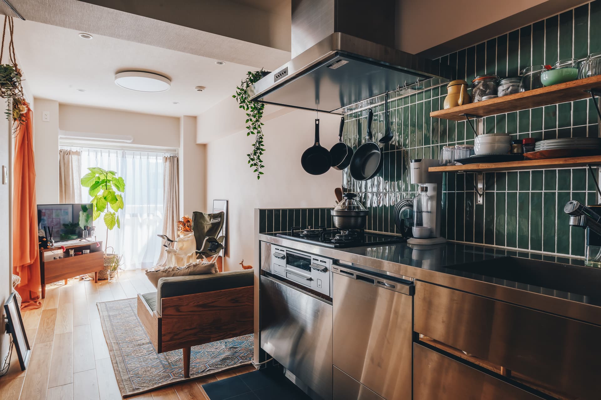 ダイニングから見た図です。壁付のステンレスキッチンにグリーンのタイルが特徴的です。玄関のドアを開けると、夏場などは風が抜けていきます。
ベランダからは富士山も見えます。