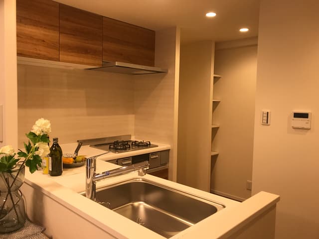 L字型のシステムキッチン。リビングが見渡せ、開放感があります。