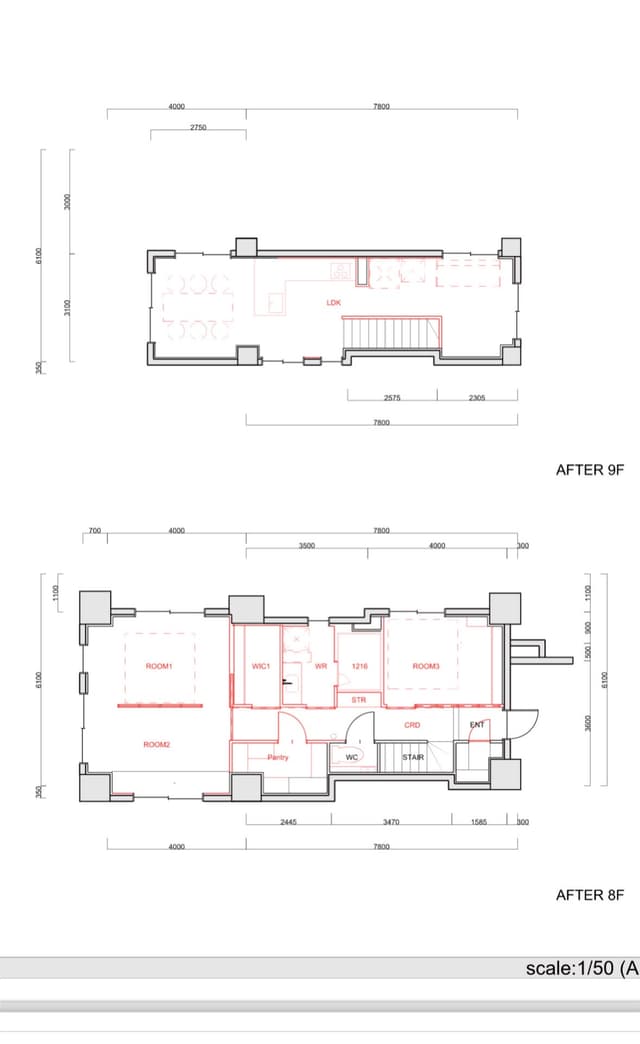 平面図: 希少なメゾネット型の住居。上階はプレミア感のあるペントハウス形式で光に溢れる。(この階で子供が走って騒いでもクレームが来ないのもポイント。)下階は水回りとベットルームがまとまった落ち着きのある空間。大容量のクローゼットや収納を備える。