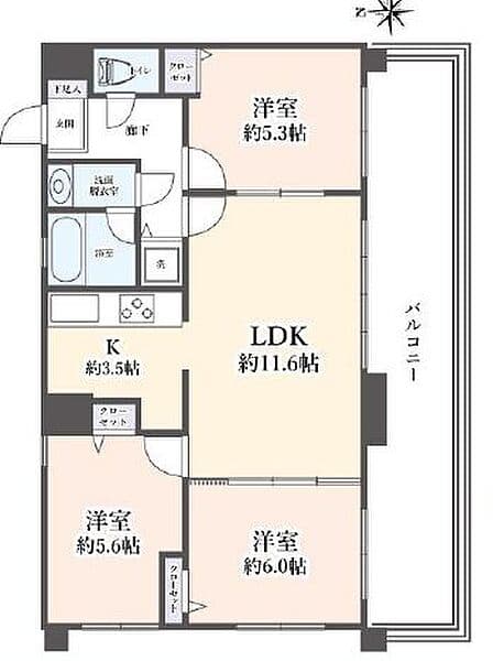 間取り図。
LDKと洋室5.3帖の間は間取り図と異なり、壁です。