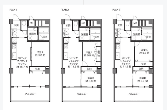 現況はPLAN1ベースになっています。
洋室Aの仕切りを撤去し、LDKを広くしています。また洋室Bには扉をつけて寝室として利用しています。
