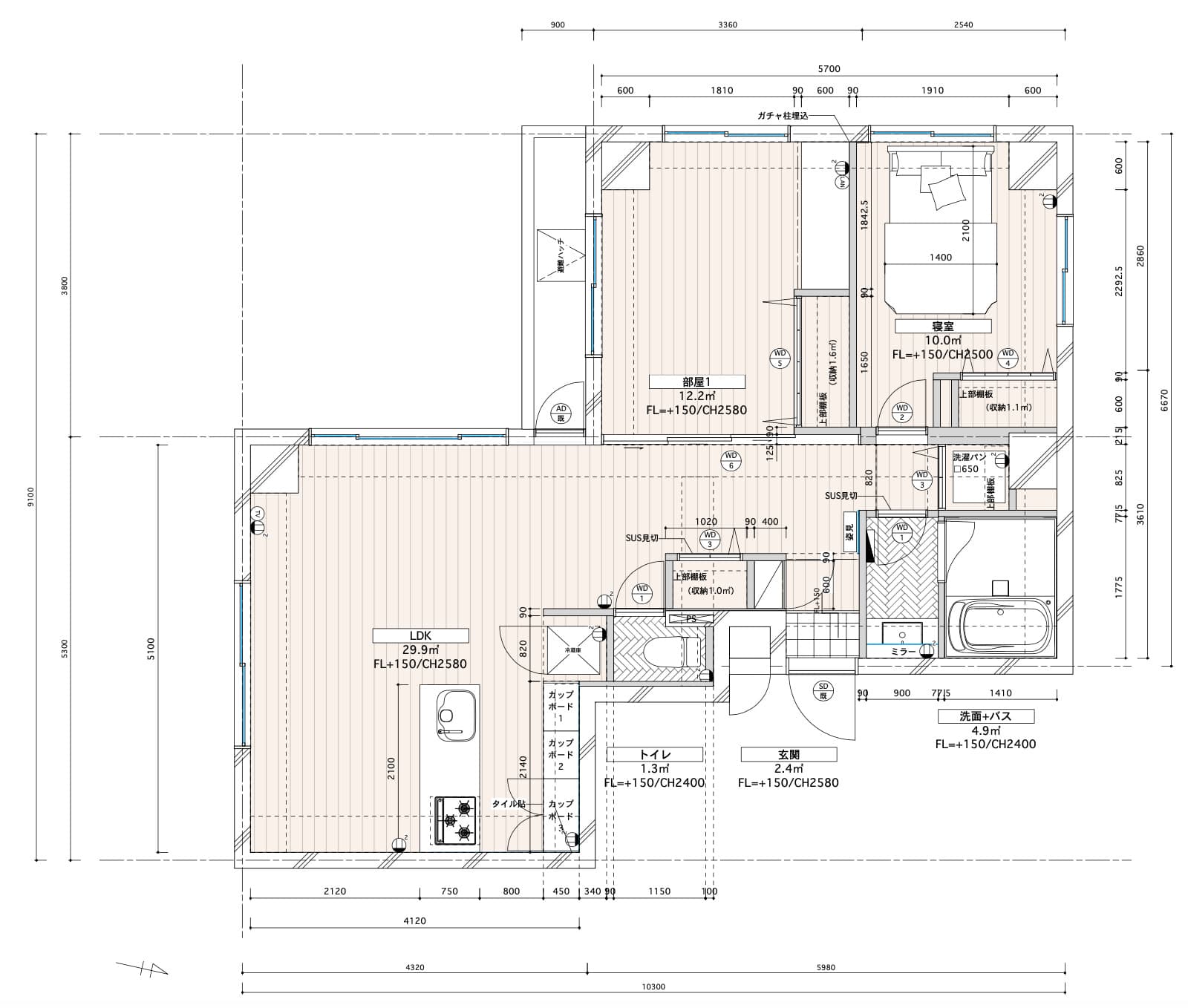 間取り図。３方向に窓があり、風通しがよい。１フロア３部屋の角部屋。直射日光は入りづらいが、昼間柔らかな光が入り込む。洗濯機設置スペースに引き戸を設置しているので、音漏れが少ない。