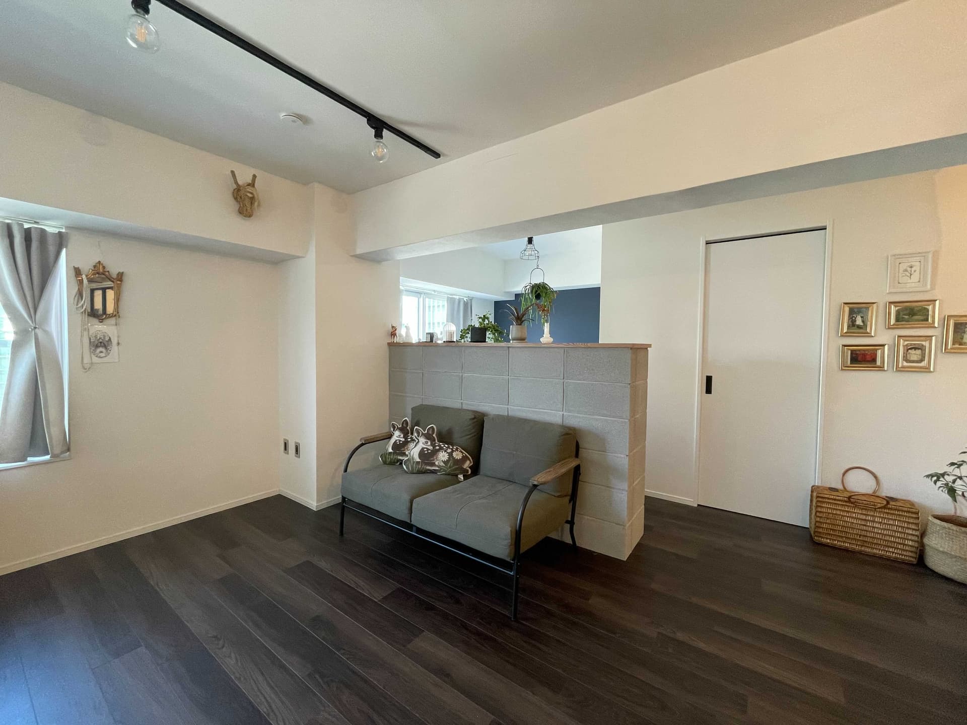 ソファの後ろの壁の向こう側が半個室の寝室です。横の扉はウォークインクローゼットです。ワンルームのような開放的な間取りです。