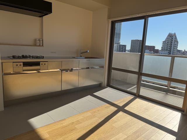 リビング(キッチン)。壁付けにすることで、リビングを広く使えるかつ、充分なキッチンの収納を確保しております。オールステンレスにすることで、無機質な空間を演出し、リビング内でのアクセントに。
※キッチン用品もステンレスで揃えるととても統一感があり、お料理が楽しみになりました。