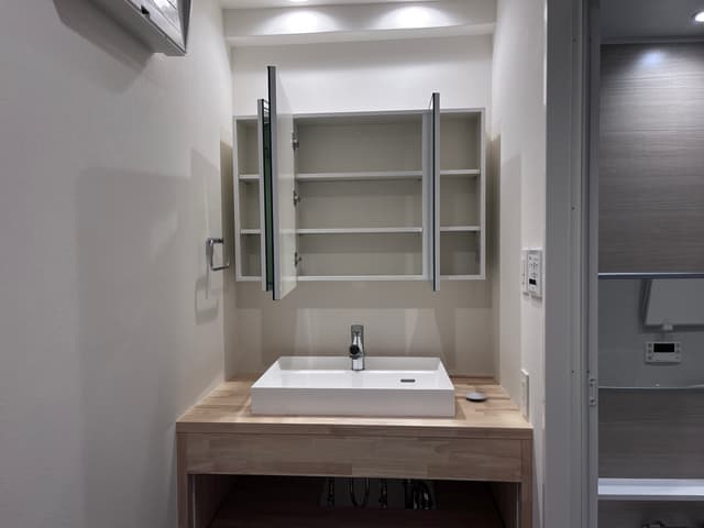 全面台。横幅が広いため化粧品や歯ブラシ等も家族分収納可能です。