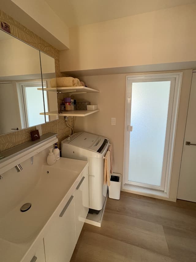 三面鏡の洗面台です。右手の白い扉がトイレです。