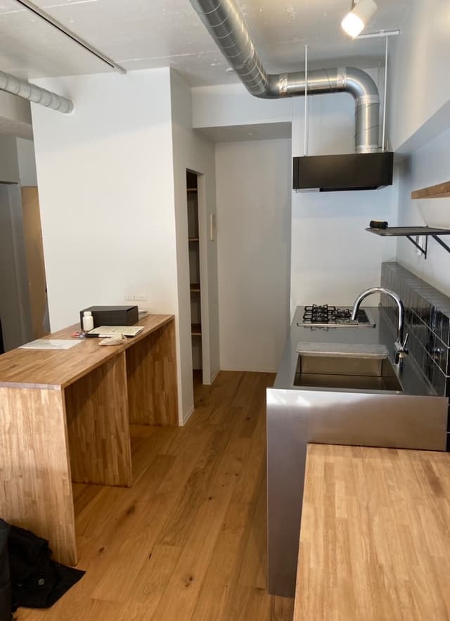 キッチンカウンターはレイアウトによって移動可能。奥にはパントリー有り。