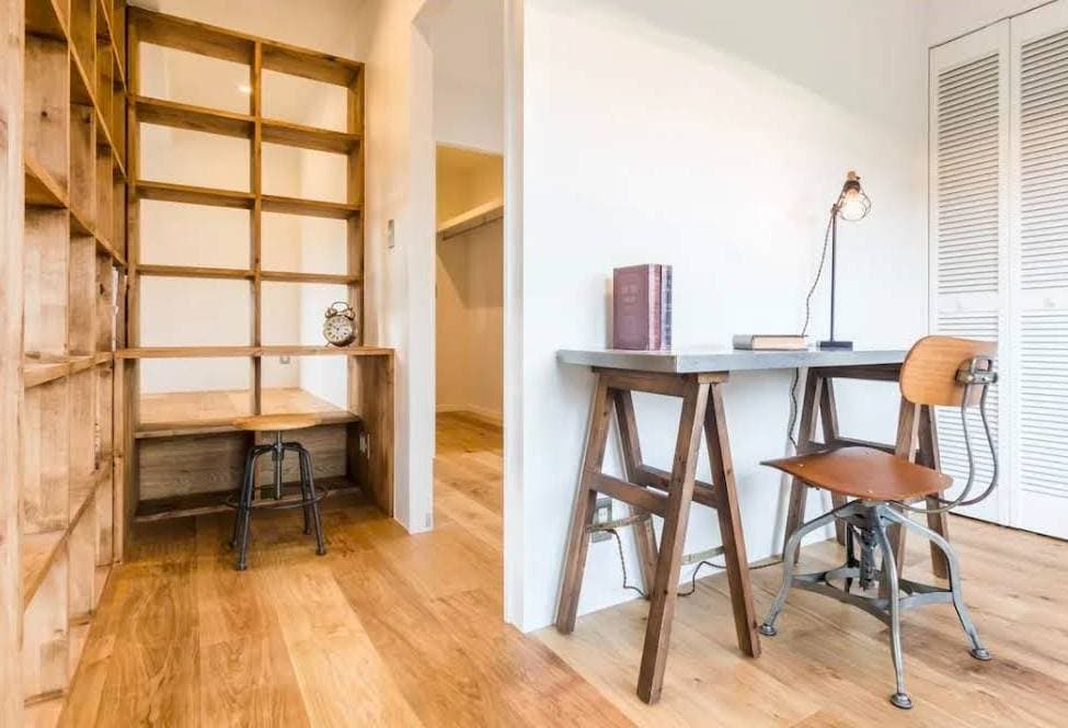 左手の棚の一部は机になっています。