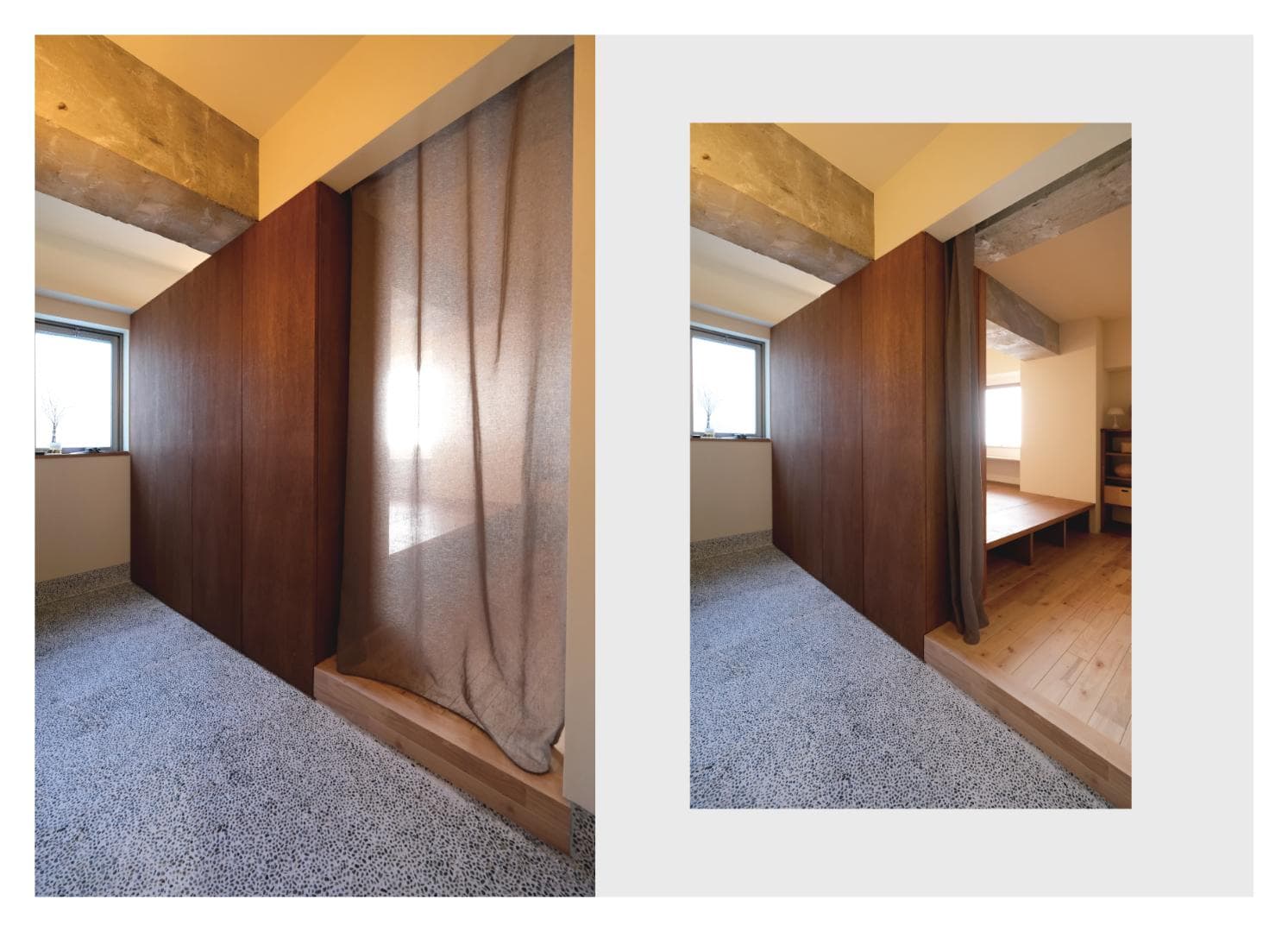 玄関/土間部分は洗い出し仕上げ。ベビーカーの転回なども余裕で可能な広々スペースです。玄関収納はつまみなどをみせずノイズレスなデザインとしています。寝室側ともつながり、回遊動線を形成。来客時はカーテンで緩やかに間仕切りプライバシーを確保。