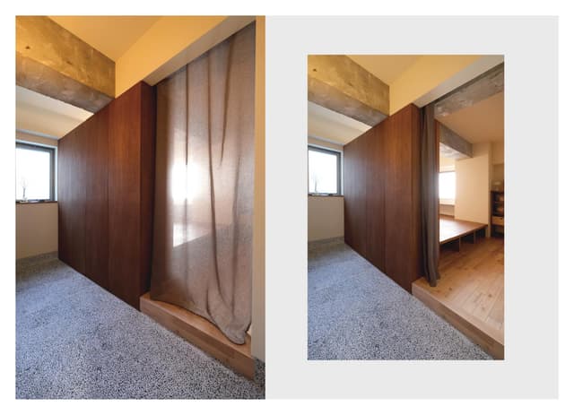 玄関/土間部分は洗い出し仕上げ。ベビーカーの転回なども余裕で可能な広々スペースです。玄関収納はつまみなどをみせずノイズレスなデザインとしています。寝室側ともつながり、回遊動線を形成。来客時はカーテンで緩やかに間仕切りプライバシーを確保。