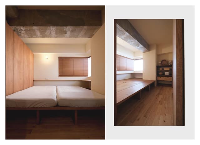 寝室/L字の開口で終日天空光で明るいです。西日が差し込むのでブラインドで明るさ調整できます。小上がり収納とし季節ものなど大容量で収納可能。キングサイズのベットまで載せられます。