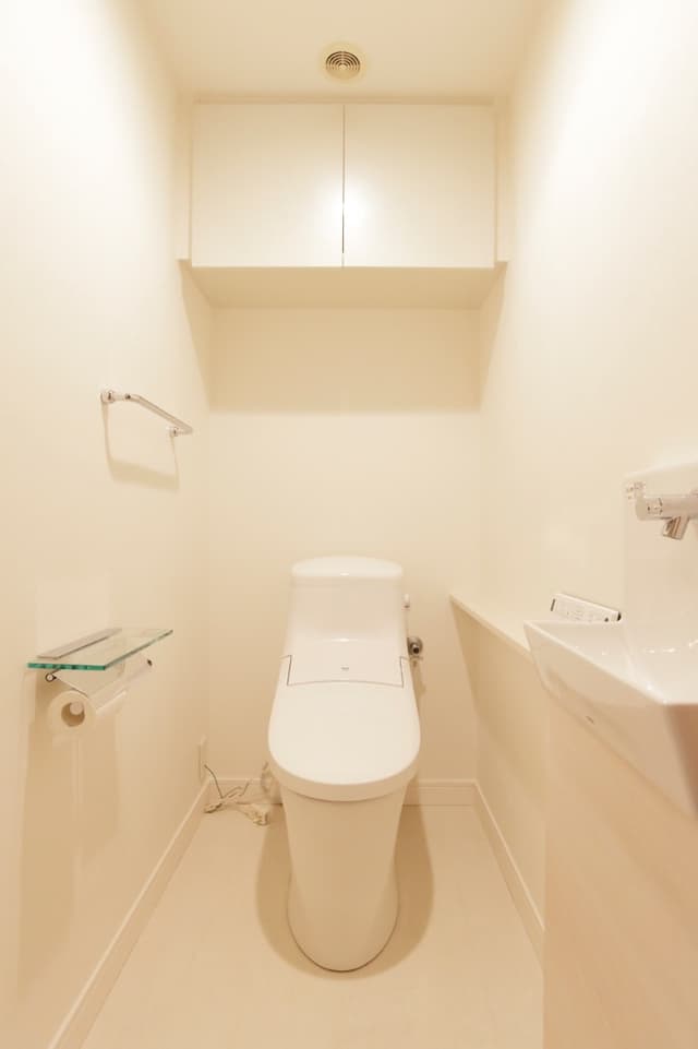 トイレ。清潔感のあるトイレ空間で、白を基調とした内装がお手入れのしやすさと明るさを感じさせます。手洗いカウンター付きで、来客時にも気持ちよく使っていただけます。毎日使う場所だからこそ、シンプルで落ち着く仕様です。