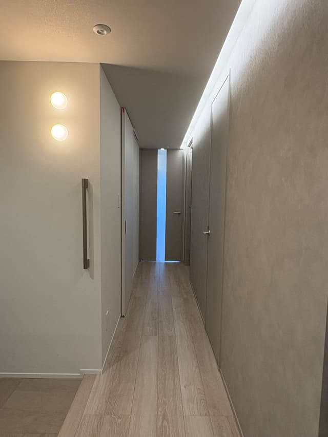 玄関、廊下です。
ブラケットライトと間接照明で計画しています。
右側の扉は壁紙の色に合わせたものを選んでいます。