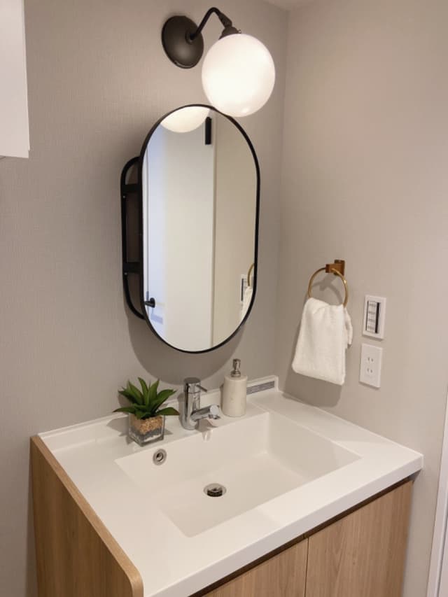 洗面台。鏡の形とライトのぐらいがおしゃれ。性別や年代を選ばず、万人向けのおしゃれさだも思います。