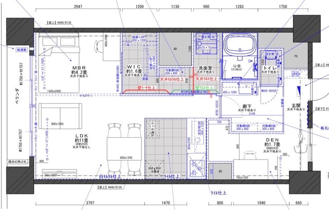 間取り図：1LDK+DEN+WICで構成されてます。洗濯機置き場とWICを行き来できるよう動線を工夫しました。