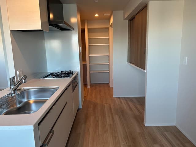 システムキッチン。台所周辺の収納はかなり充実しています。後ろのパントリーには大抵のものが入ります