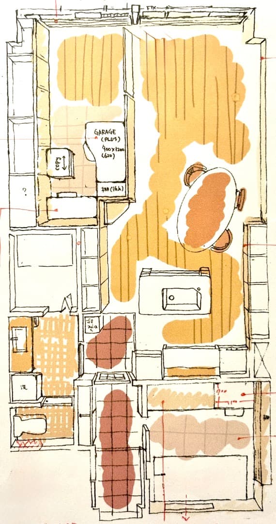 間取り。2LDKと１LDKの中間です。在宅ワークのための部屋とリビングの仕切りは簡易的です。