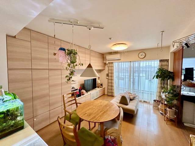 居住時に左側の壁を壁面収納にしており、65平米ですが、収納はバッチリです。
南向きで明るく、冬はほとんどエアコンを使いません。