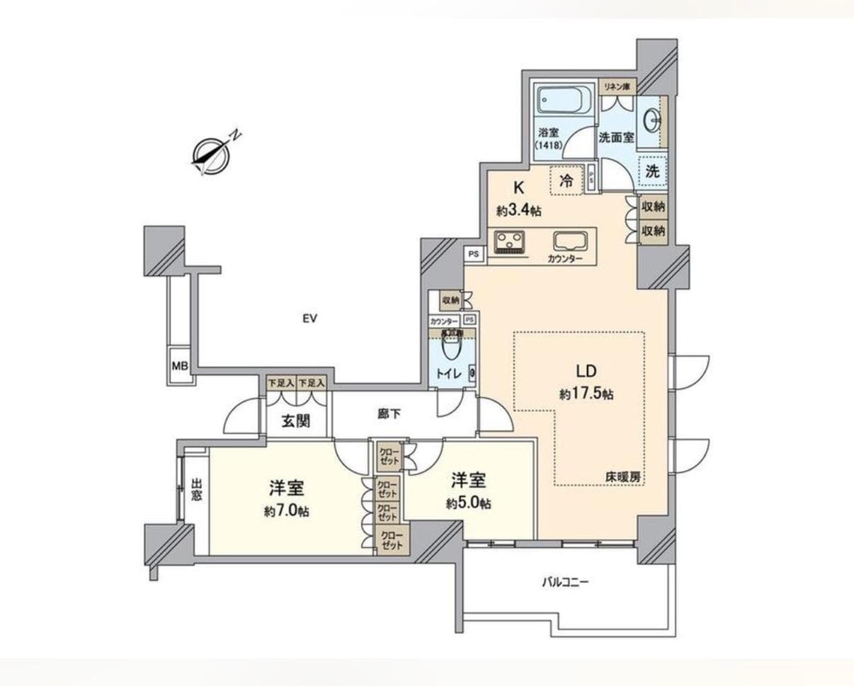 間取り図 2LDK、2LDK、専有面積79.02m2、バルコニー面積9.74m2 間取図