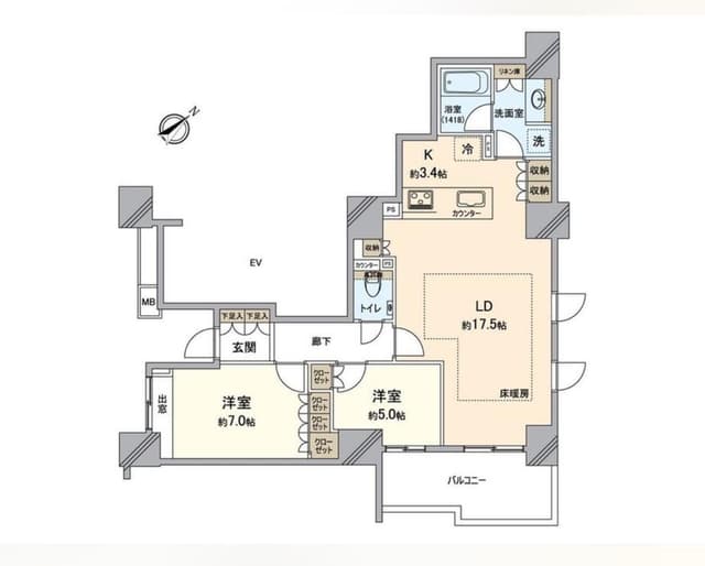 間取り図 2LDK、2LDK、専有面積79.02m2、バルコニー面積9.74m2 間取図