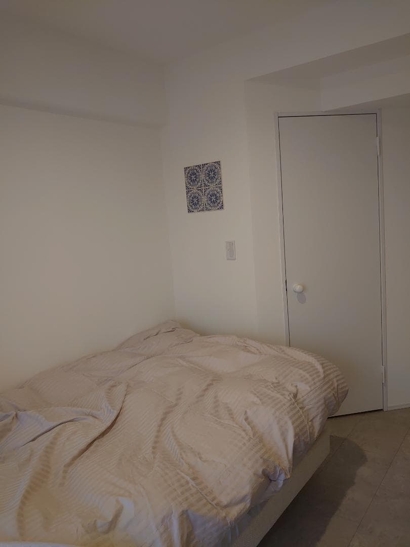 LIXILの白い建具のドアの中はTバーのポールと枕棚のあるウォークインクローゼット。ミニマムコンパクトなだけでなく、しっかり収納スペースのあるお部屋です。
＊W1200のセミダブルベッドを置いてます。
※壁面の1920年代希少なアンティークタイル、もし売却するときは一緒にお付けしてお譲りさせていただきます。