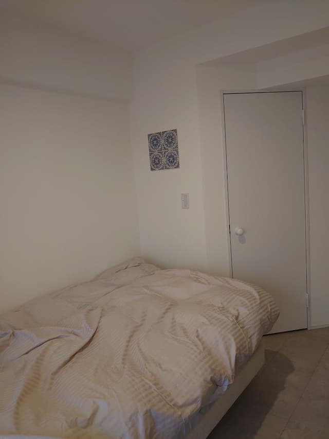 LIXILの白い建具のドアの中はTバーのポールと枕棚のあるウォークインクローゼット。ミニマムコンパクトなだけでなく、しっかり収納スペースのあるお部屋です。
＊W1200のセミダブルベッドを置いてます。
※壁面の1920年代希少なアンティークタイル、もし売却するときは一緒にお付けしてお譲りさせていただきます。