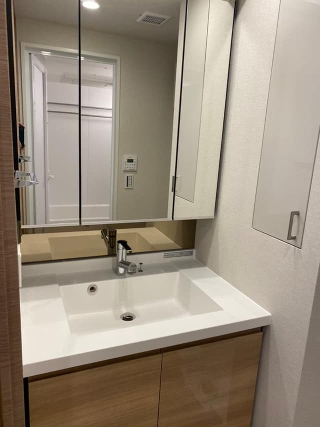 三面鏡仕様の洗面台で身支度がしやすく、鏡裏収納により小物もすっきり整理できます。シャワー水栓付きで清掃や使い勝手も良好。さらに洗面台横の収納スペースにより、タオルや日用品もまとめて保管でき、清潔感のある空間を保てる点が気に入っています。（入居前写真）