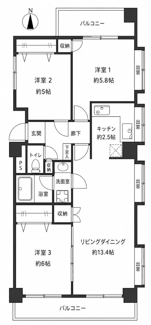 ほぼ全部屋に窓があるため日中は明るく、風通しも良好です。