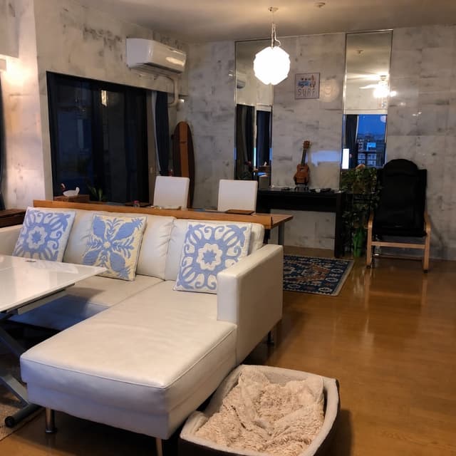 リビングは南東角部屋で日当たり抜群
3LDKを2LDKにリフォームした広いリビングです。壁は全面大理石。