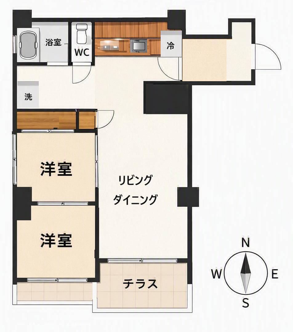 リノベ当初の間取り図。今はリビングと洋室、洋室と洋室を区切っている引き戸を全て外して、ワンルーム仕様にしています。