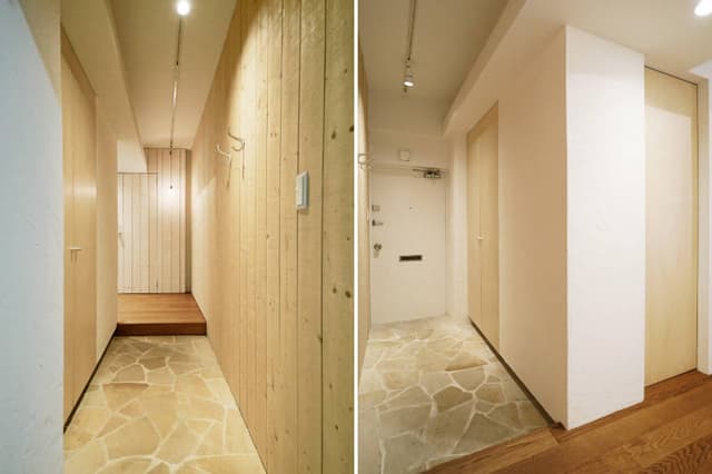 玄関の土間は自転車やベビーカーが余裕で置ける広さになっています。
入って左手の扉は靴箱です。

現在、左の写真に写っている玄関扉は新しいものに変更になっています。
最新タイプになったので、機密性や防音、開け閉めのしやすさ等が格段に良くなりました。
