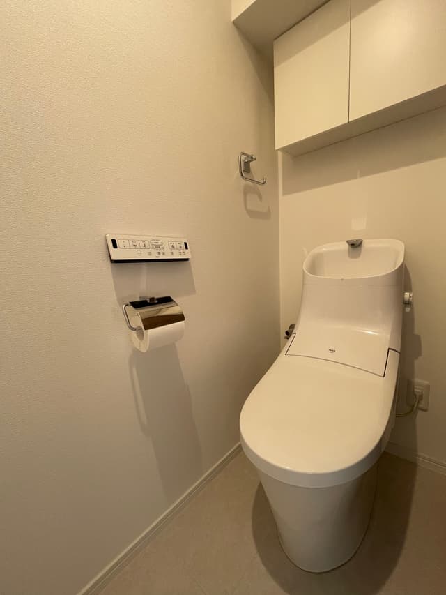 こじんまりとしたトイレ。上の棚に収納。