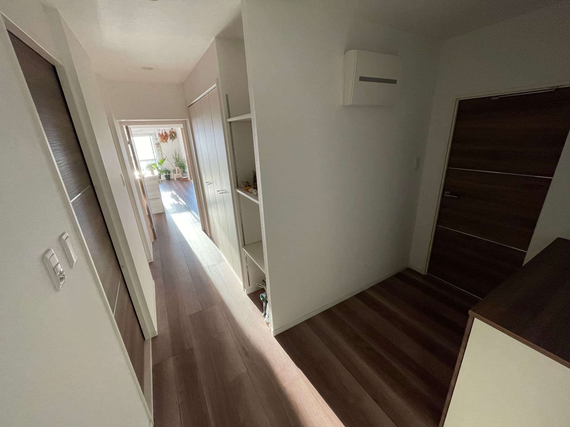 玄関から廊下。ドア閉めると意外と暗い。