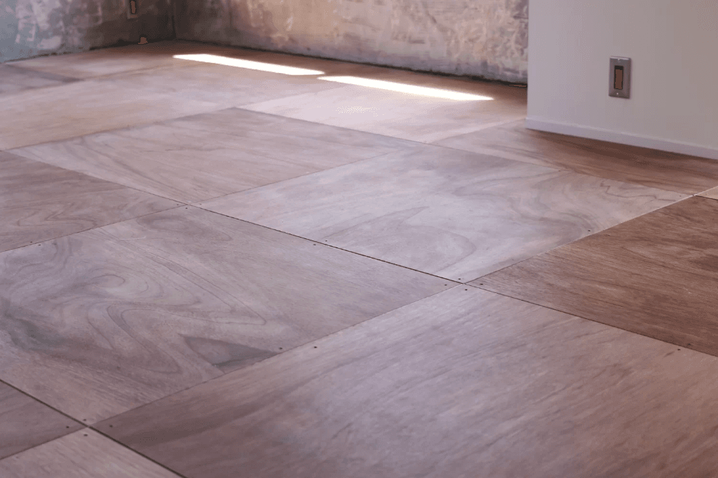 90×90の合板を方向替えしながら貼っています。どこか傷で変えたくなってもフローリングとちがい１枚だけ取り替えることができます。