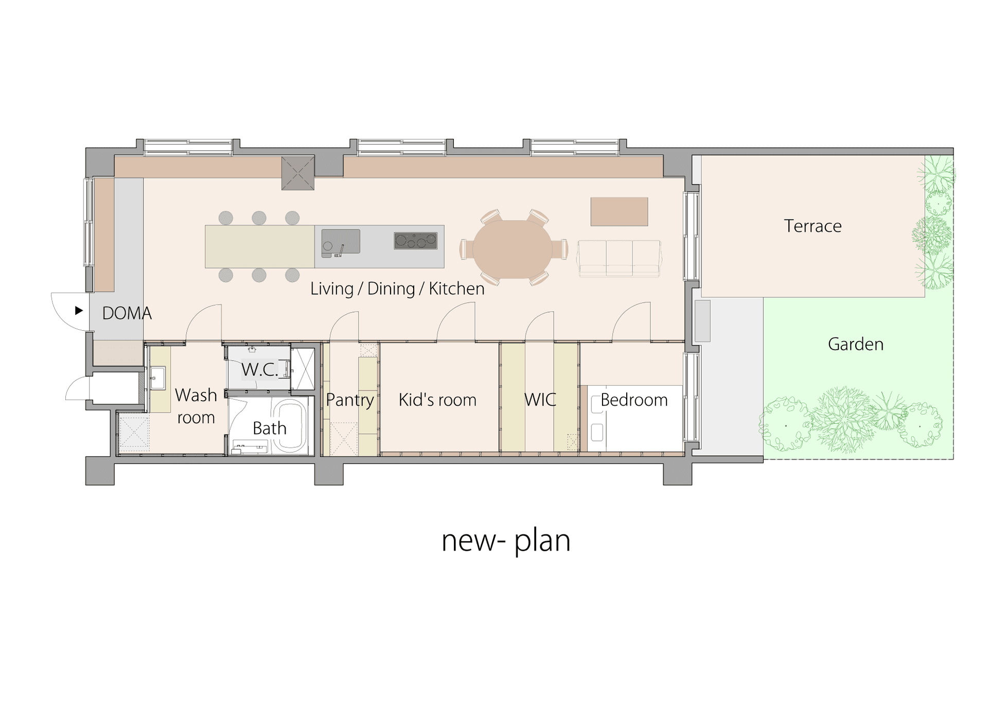 【間取り】
玄関を開けると、ズドンと広がる空間。
好きな場所で好きな時間を過ごせるので、自宅で仕事をする人（特に料理関係）におすすめです。
現在はKid'sルームを、食品加工部屋にさらにリノベーションしていますが、子供部屋に戻すことも可能です。
