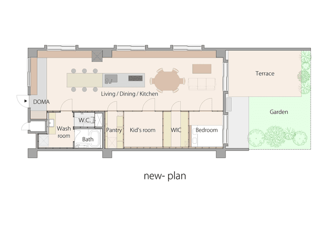 【間取り】
玄関を開けると、ズドンと広がる空間。
好きな場所で好きな時間を過ごせるので、自宅で仕事をする人（特に料理関係）におすすめです。
現在はKid'sルームを、食品加工部屋にさらにリノベーションしていますが、子供部屋に戻すことも可能です。