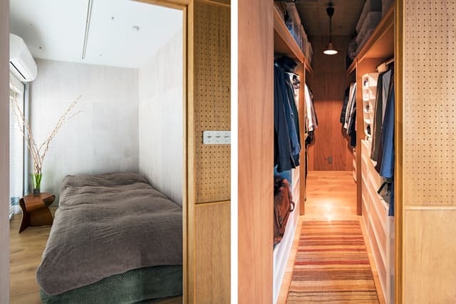 【寝室】
ベランダに面した寝室は白い空間になっています。正面の壁は有孔ボードです。写真のベッドはダブルサイズ。ウッドブラインド、エアコンがついています。

【ウォークインクローゼット】
左右に分かれています。上まで棚があり、収納には困りません。