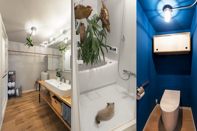 【洗面所】
ドラム式洗濯乾燥機がおけます。洗面台の鏡は三面鏡で、左右に収納があります。洗濯バーは、来客のコートをかけたり、洗濯をするときにとても便利です。

【お風呂】
ユニットバス（1200×1600mm）浴室乾燥機付き。

【トイレ】
ネオレストAH。